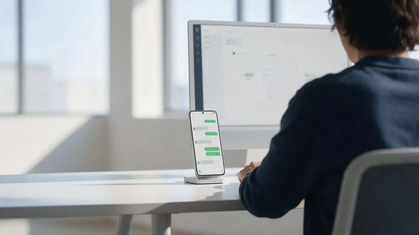 Móvil en un soporte con una conversación de mensajería abierta, y detrás un monitor con el flujo que la atiende