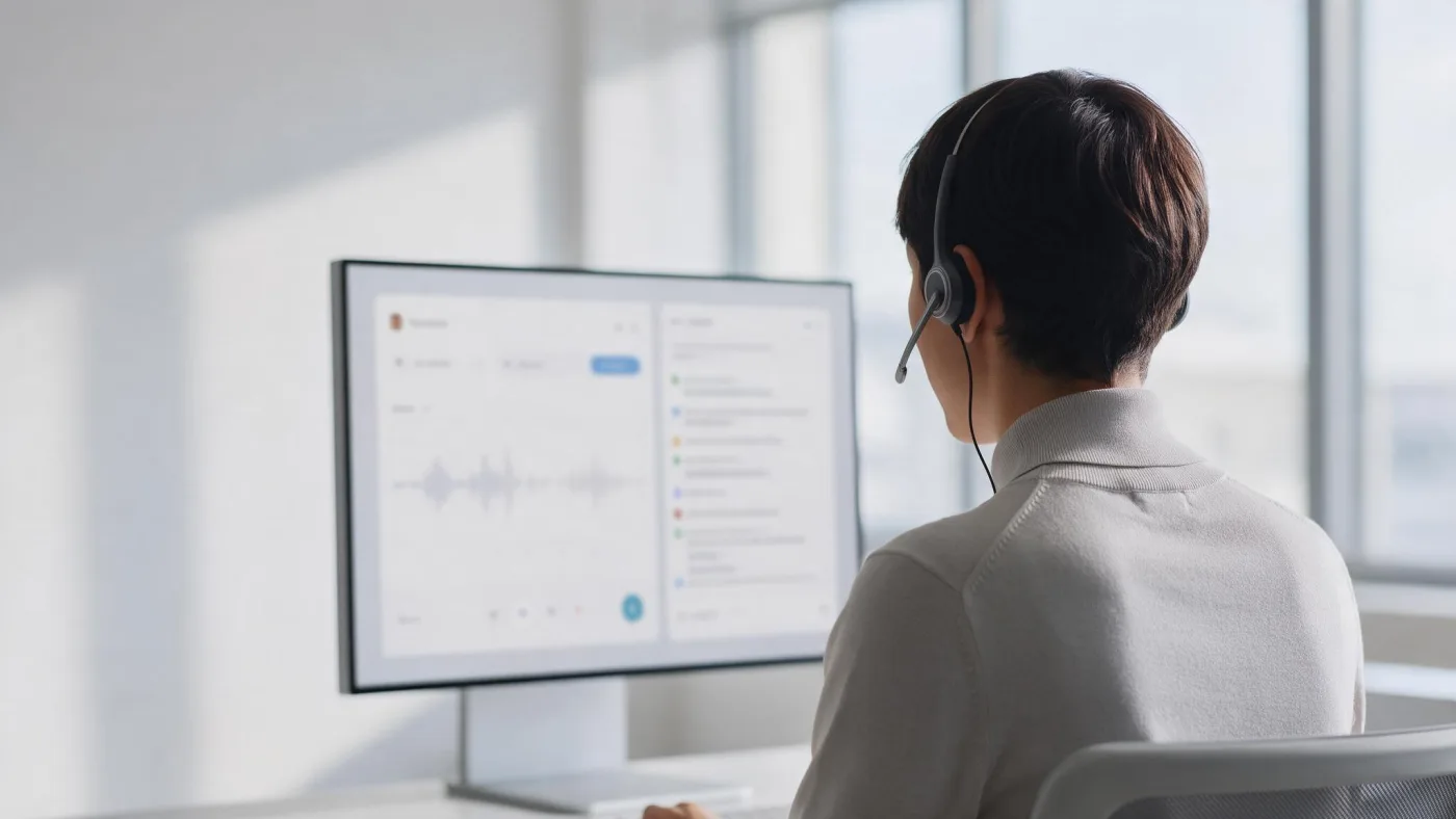 Persona de espaldas con auriculares con micrófono frente a un monitor con una onda de audio y una lista de llamadas