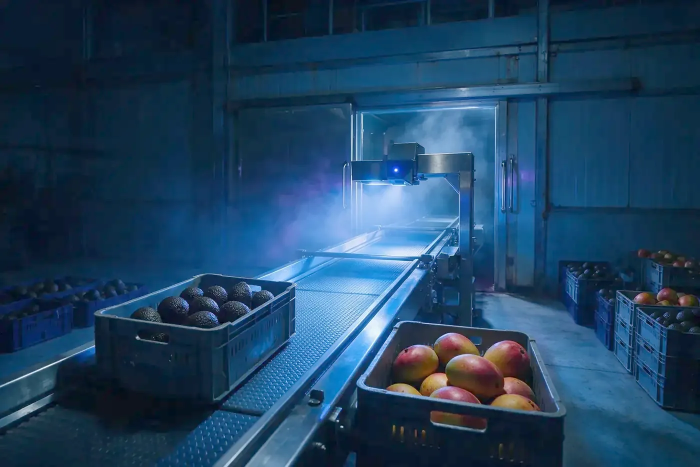 Línea de calibrado de un almacén hortofrutícola con cajas de aguacate y mango