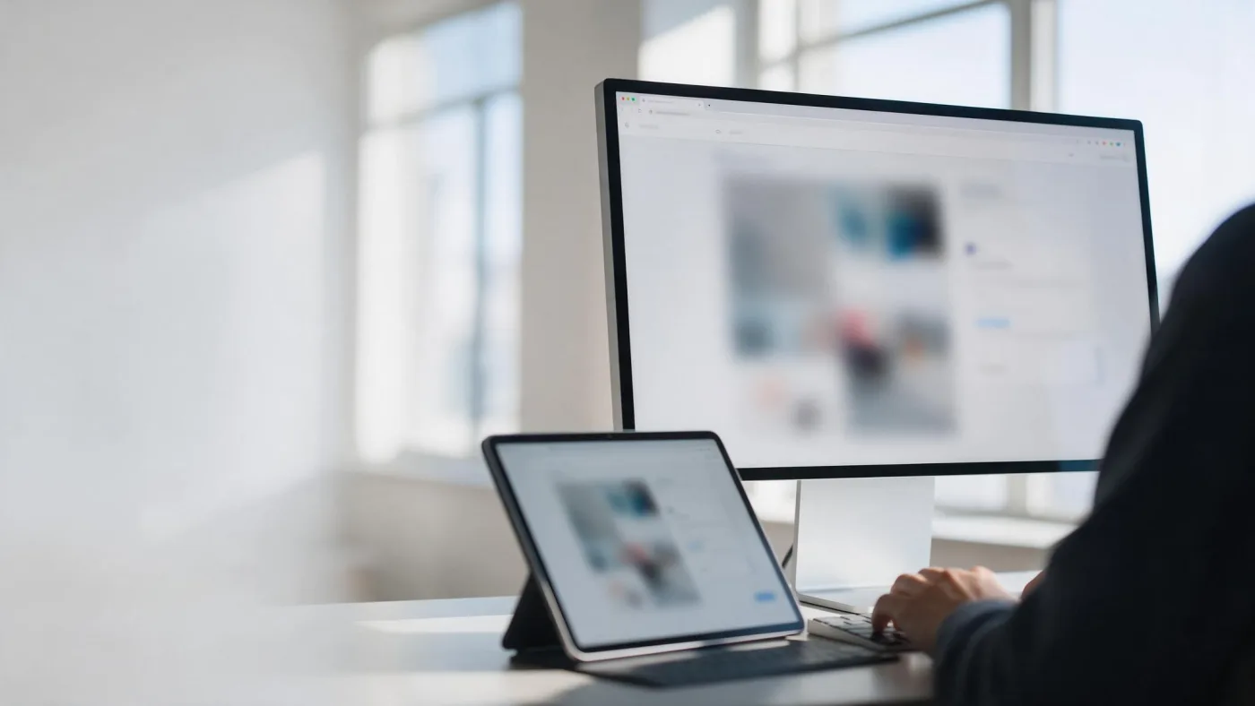 Vista por encima del hombro de alguien usando una aplicación web en un monitor grande, con una tableta en un soporte al lado