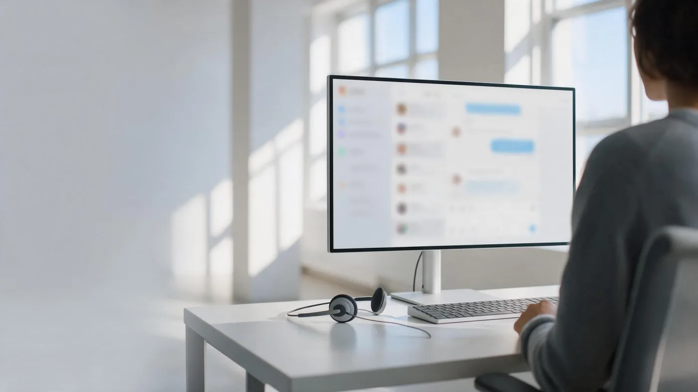 Auriculares con micrófono apoyados en la mesa junto al teclado, frente a un monitor con una lista de conversaciones abierta