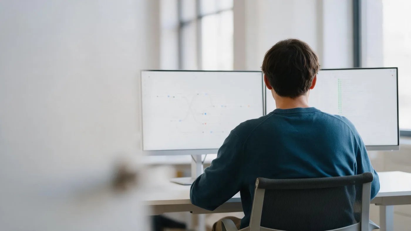Persona de espaldas ante dos monitores con un diagrama de nodos enlazados de un flujo automatizado