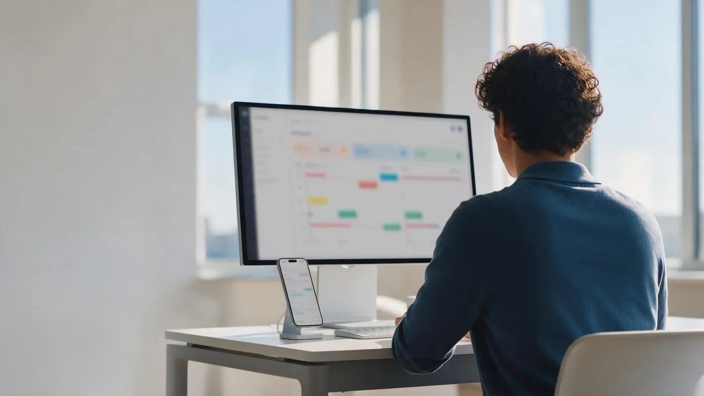 Persona de espaldas ante un monitor con un tablero de oportunidades por colores y un móvil en un soporte al lado