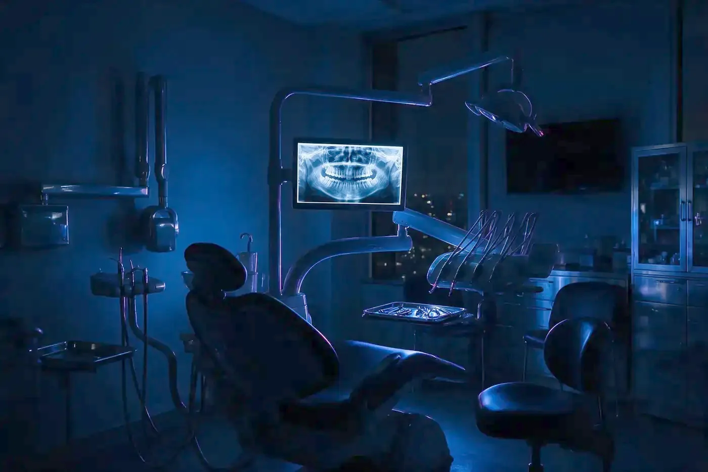 Gabinete dental con una radiografía panorámica en pantalla