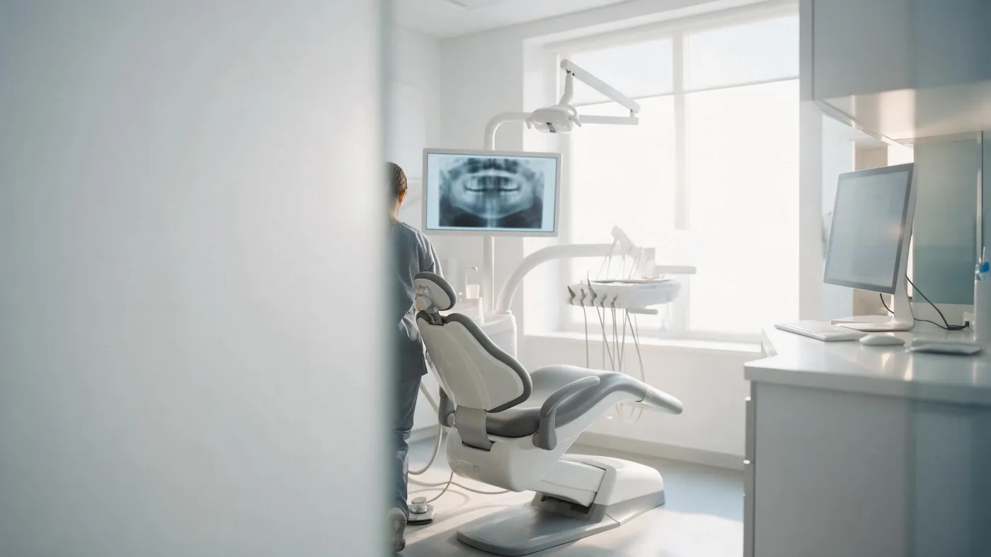 Gabinete dental moderno con una pantalla en la pared mostrando una radiografía panorámica junto al sillón y el ordenador de la clínica encendido en la encimera