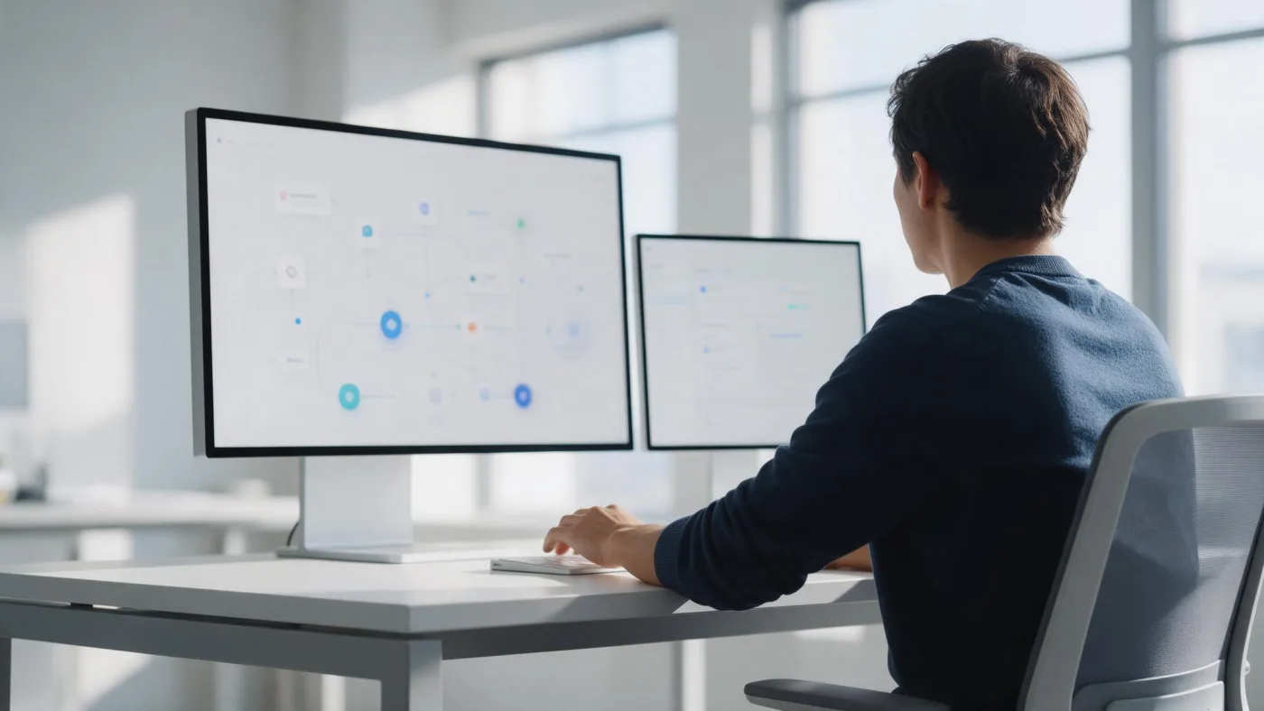 Persona de espaldas ante dos monitores con un diagrama de servicios conectados entre sí