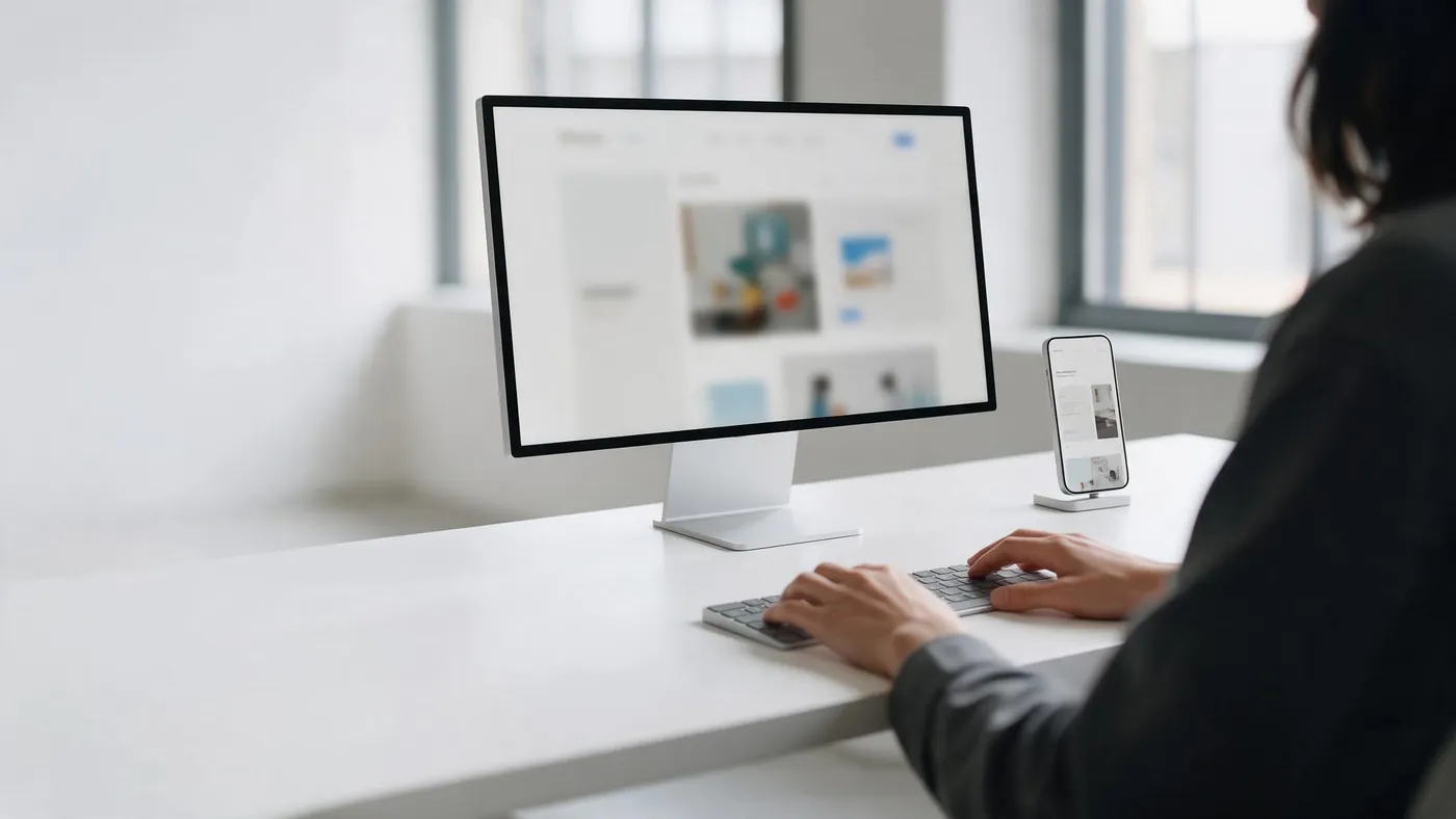 Persona de espaldas trabajando en un monitor con una página web abierta, con el móvil al lado mostrando la misma página adaptada