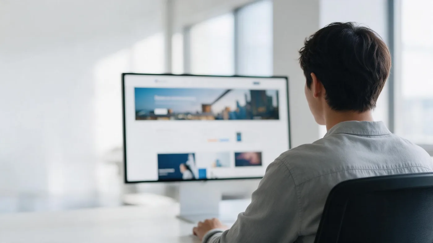 Persona de espaldas trabajando en un monitor grande con la portada de una web corporativa abierta, en una oficina luminosa de paredes claras