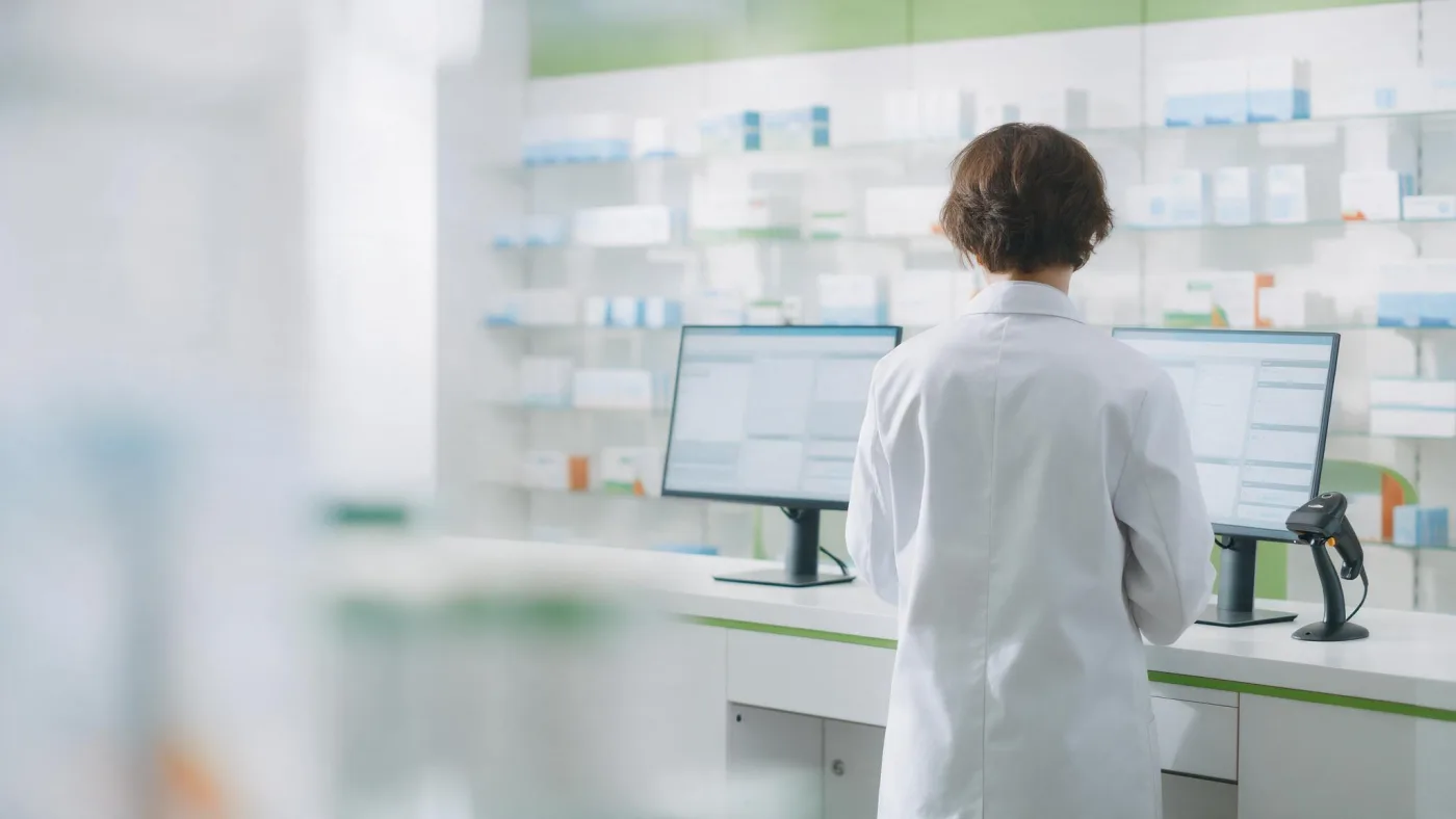 Farmacéutico de espaldas ante el mostrador de una farmacia moderna con dos monitores y un lector de código de barras, y las estanterías de producto ordenadas al fondo