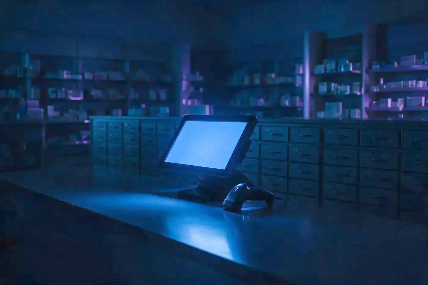 Mostrador de farmacia con el TPV encendido y cajoneras al fondo