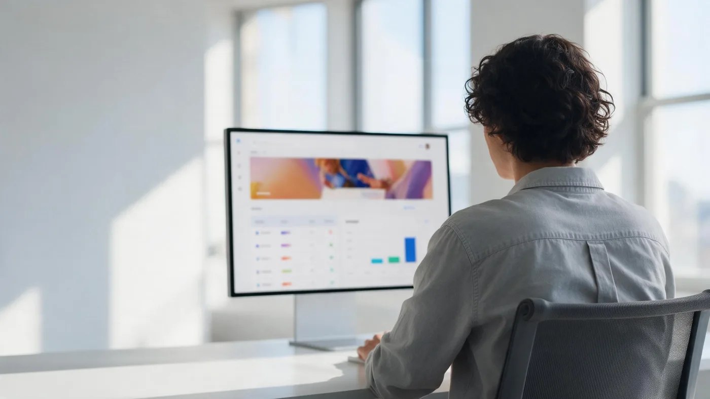 Persona de espaldas ante un monitor con un panel de campañas y barras de color con el rendimiento