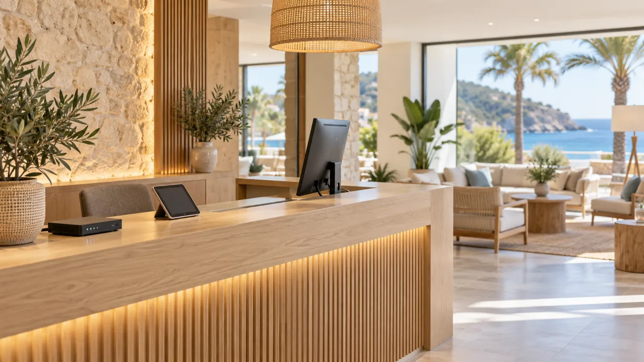 Recepción luminosa con mostrador de madera, monitor, tableta y vistas al mar desde la zona de descanso