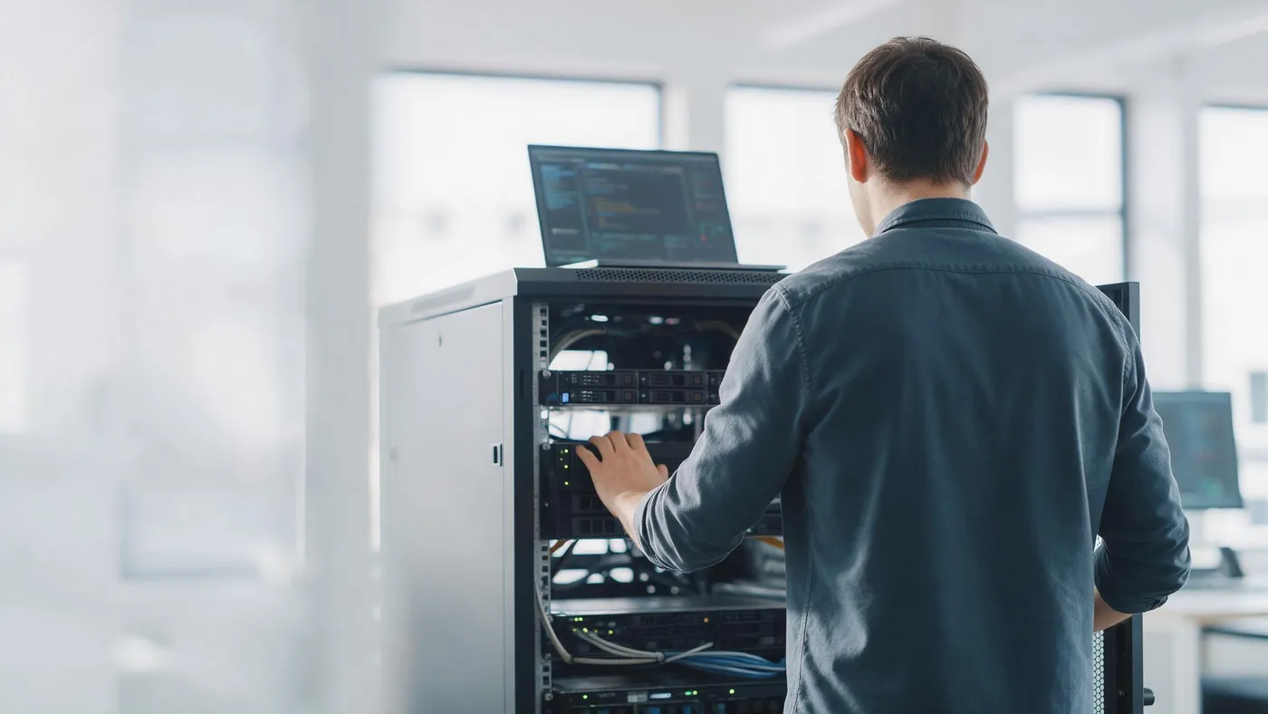 Técnico de espaldas trabajando en un rack de servidores abierto, con un portátil apoyado encima del rack