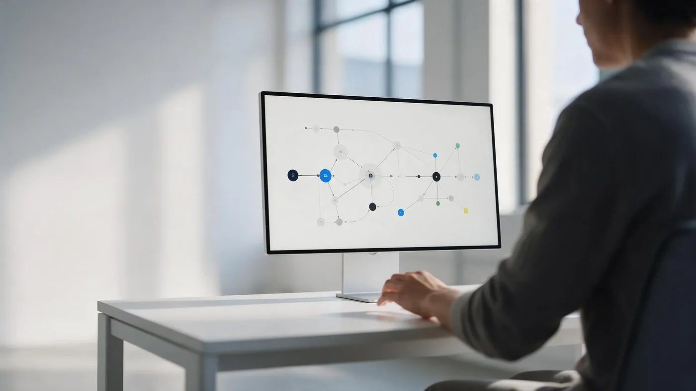 Persona de espaldas frente a un monitor con un diagrama de nodos enlazados, el esquema de un flujo automatizado