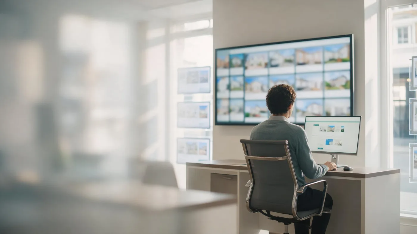 Oficina inmobiliaria luminosa con una pantalla grande en la pared mostrando una cuadrícula de fotos de viviendas y un agente de espaldas trabajando en su monitor