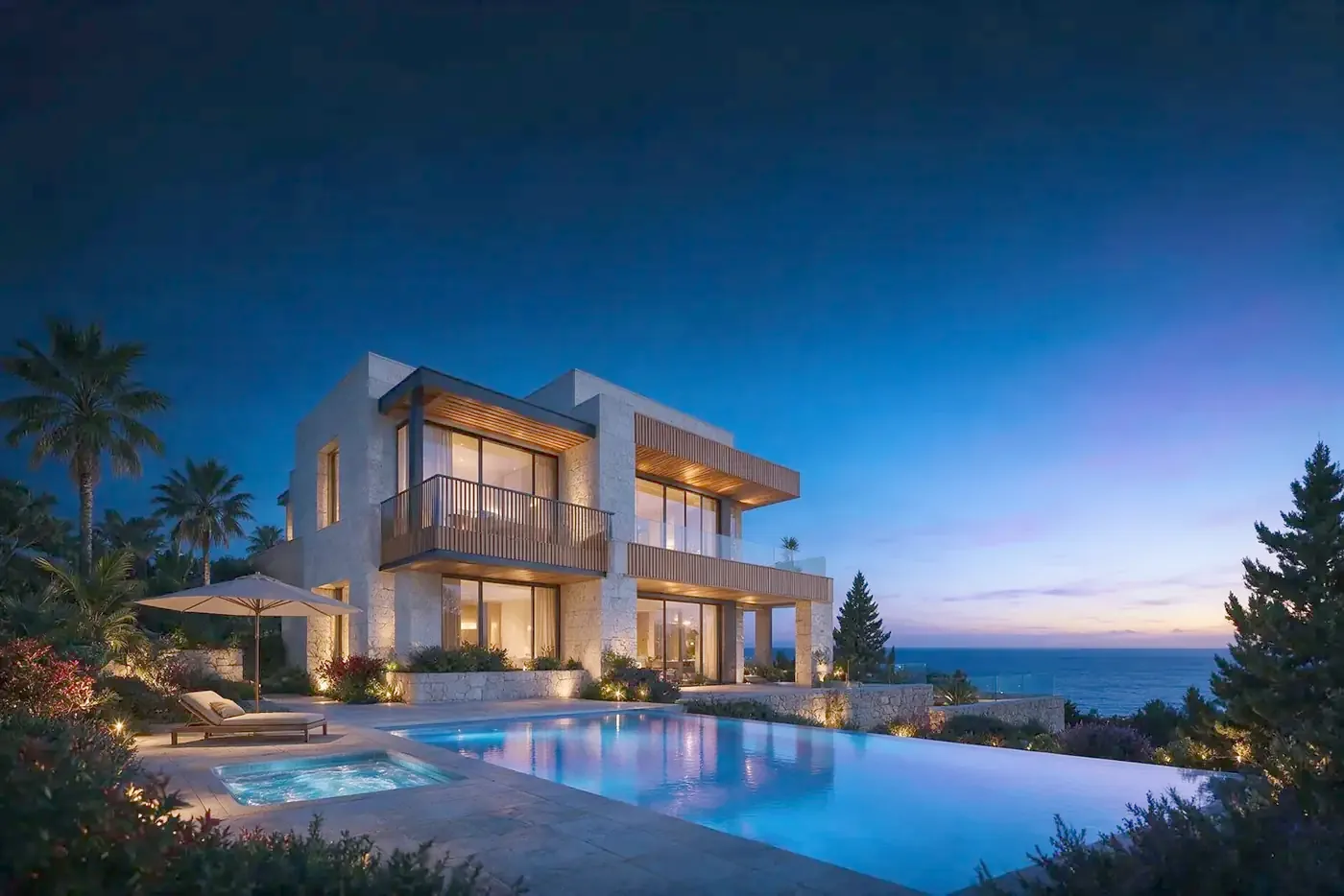 Villa moderna de la Costa del Sol al anochecer con piscina y vistas al mar
