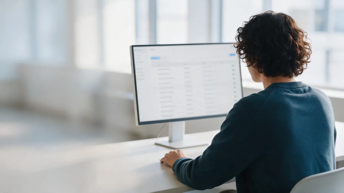 Persona de espaldas ante un monitor con un listado de elementos y sus marcas de estado, junto a una ventana con mucha luz