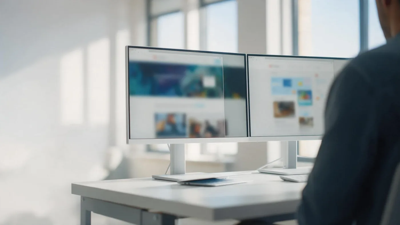 Dos monitores uno al lado del otro con la misma web en dos servidores distintos durante el traslado