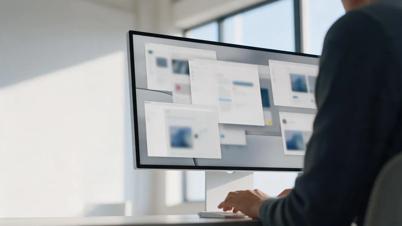 Una persona de espaldas trabaja en un monitor grande con varias ventanas de aplicación abiertas a la vez, en una oficina luminosa.