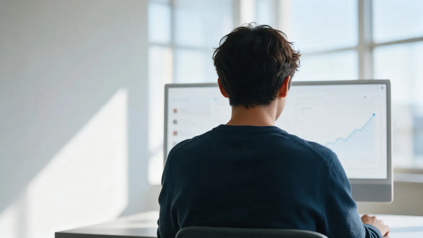 Persona de espaldas frente a un monitor con una gráfica de línea ascendente y un panel de métricas al lado
