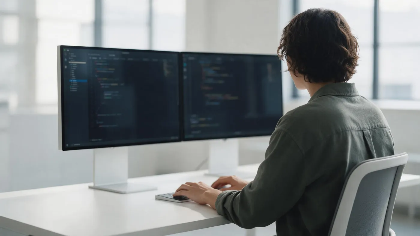 Persona de espaldas escribiendo en un teclado, con dos monitores mostrando editores de código