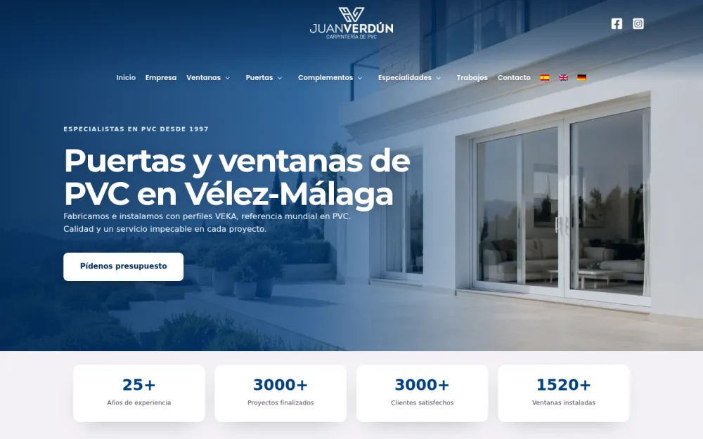 Portada de la web de Juan Verdún: puertas y ventanas de PVC en Vélez-Málaga