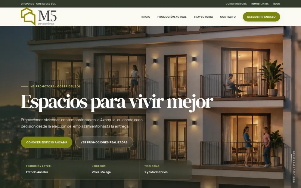 Portada de la web de M5 Promotora con la fachada del Edificio Ancabu